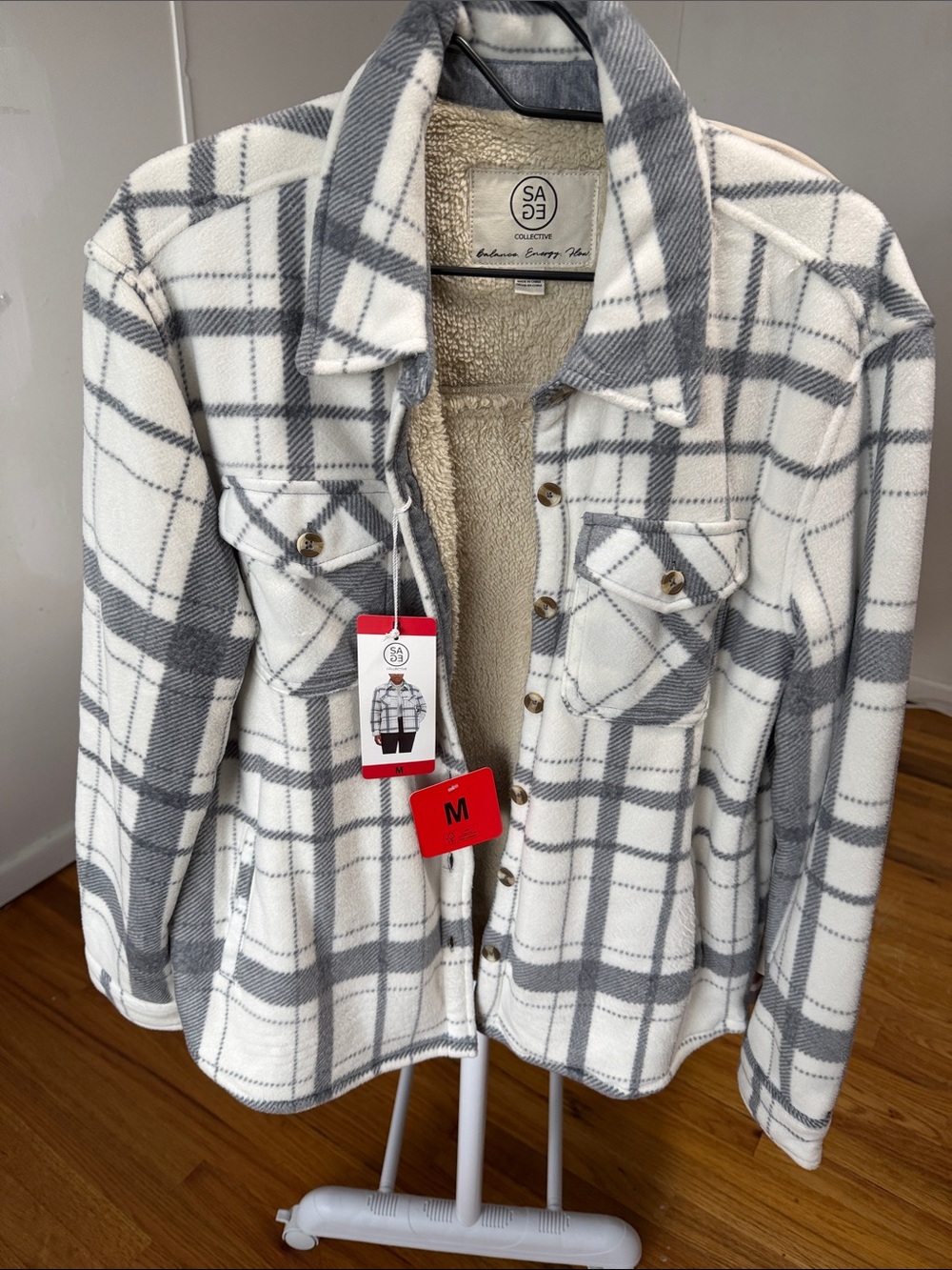 NWT Sage Collective Plaid Sherpa-Lined Shacket - Gray & White